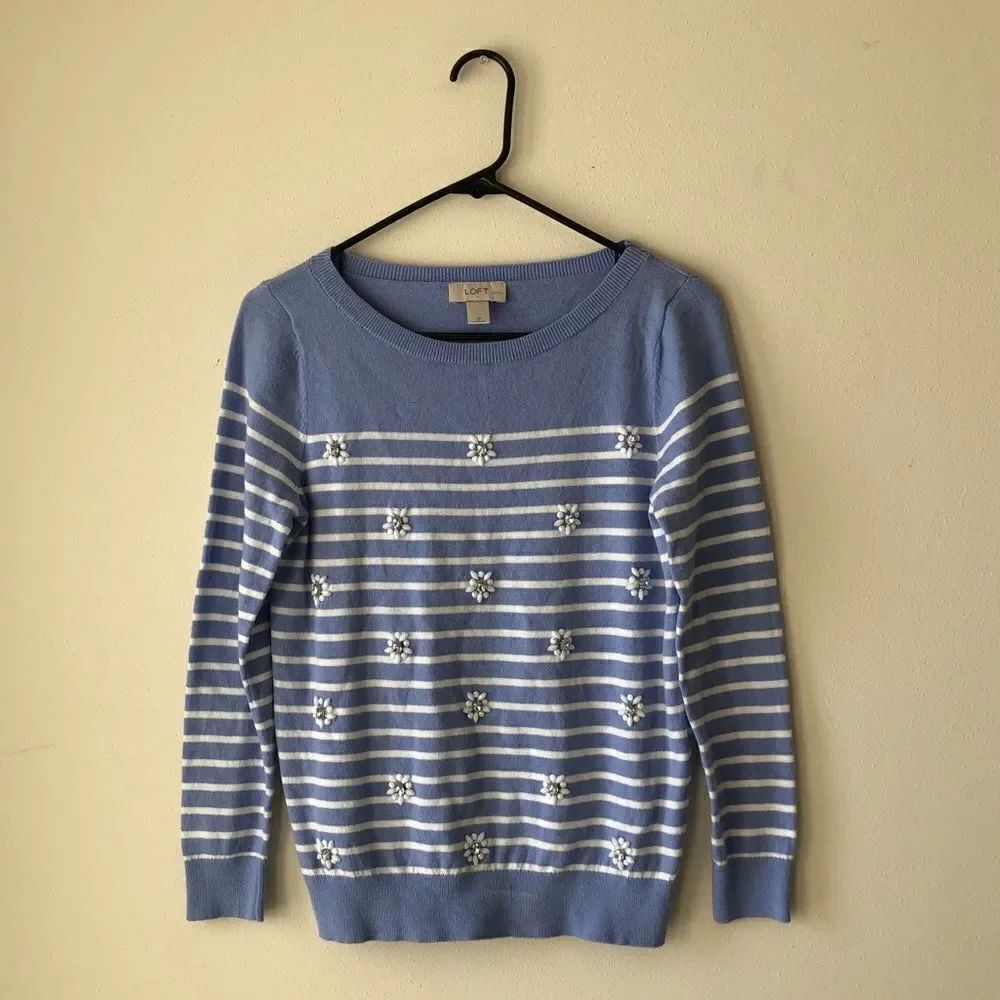Loft Periwinkle Embellished Striped Sweater